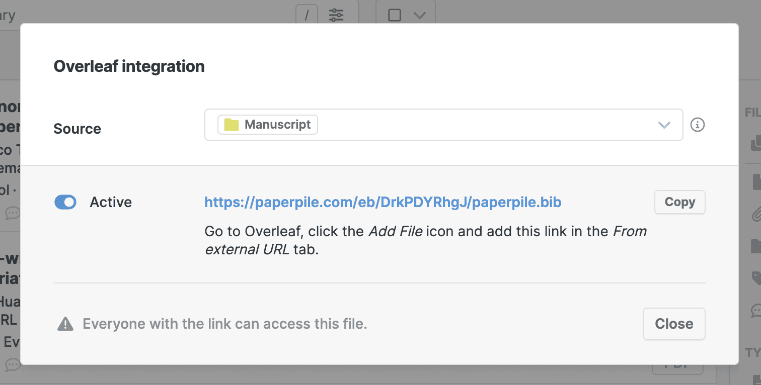 The Overleaf integration wizard with Source set to the Manuscript folder, an Active toggle beside the generated .bib link and a Copy button, and instructions to add that link in Overleaf’s “From external URL” tab.